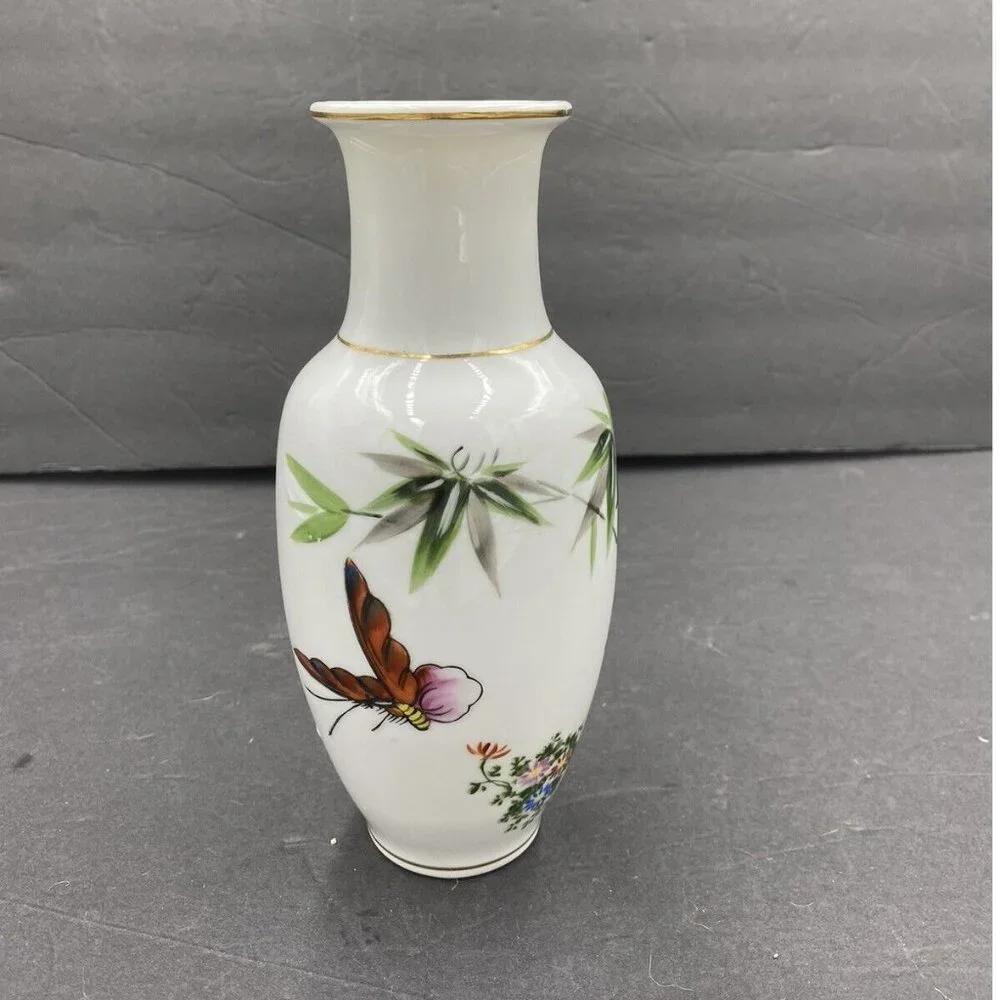 Vintage Japanese Porcelain Vase Butterfly Bamboo Floral Gold Trim Cottagecore